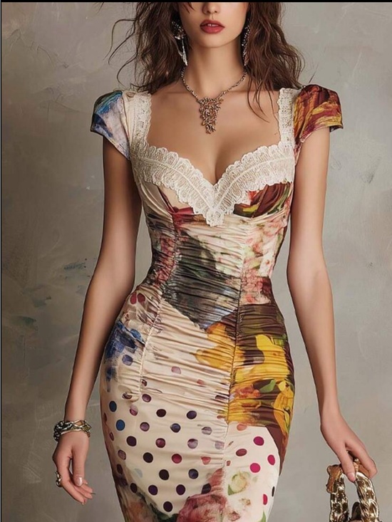 Hautesales Dresses & Skirts - Lace Floral & Polka Dot Midi Dress in Cream
